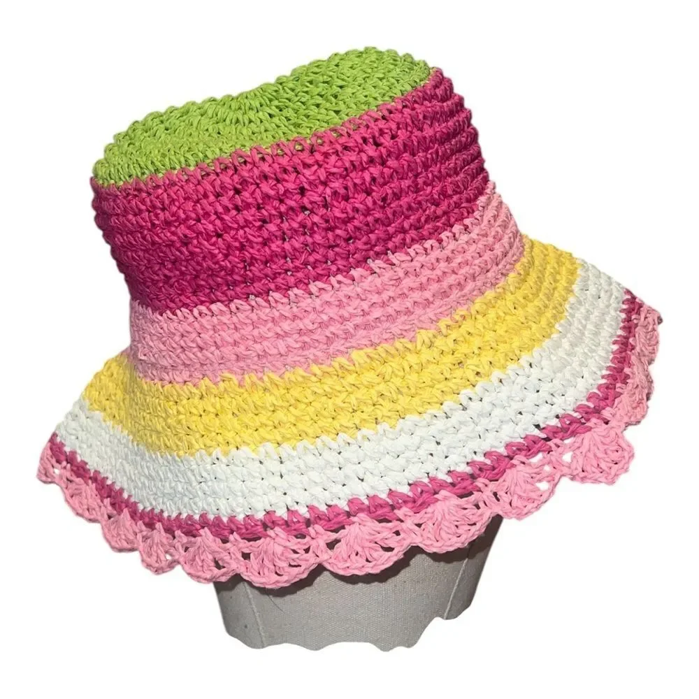 Gymboree Striped Straw Crochet Bucket Hat Wide Brim Pretty Lady Girls 8 & Up EUC